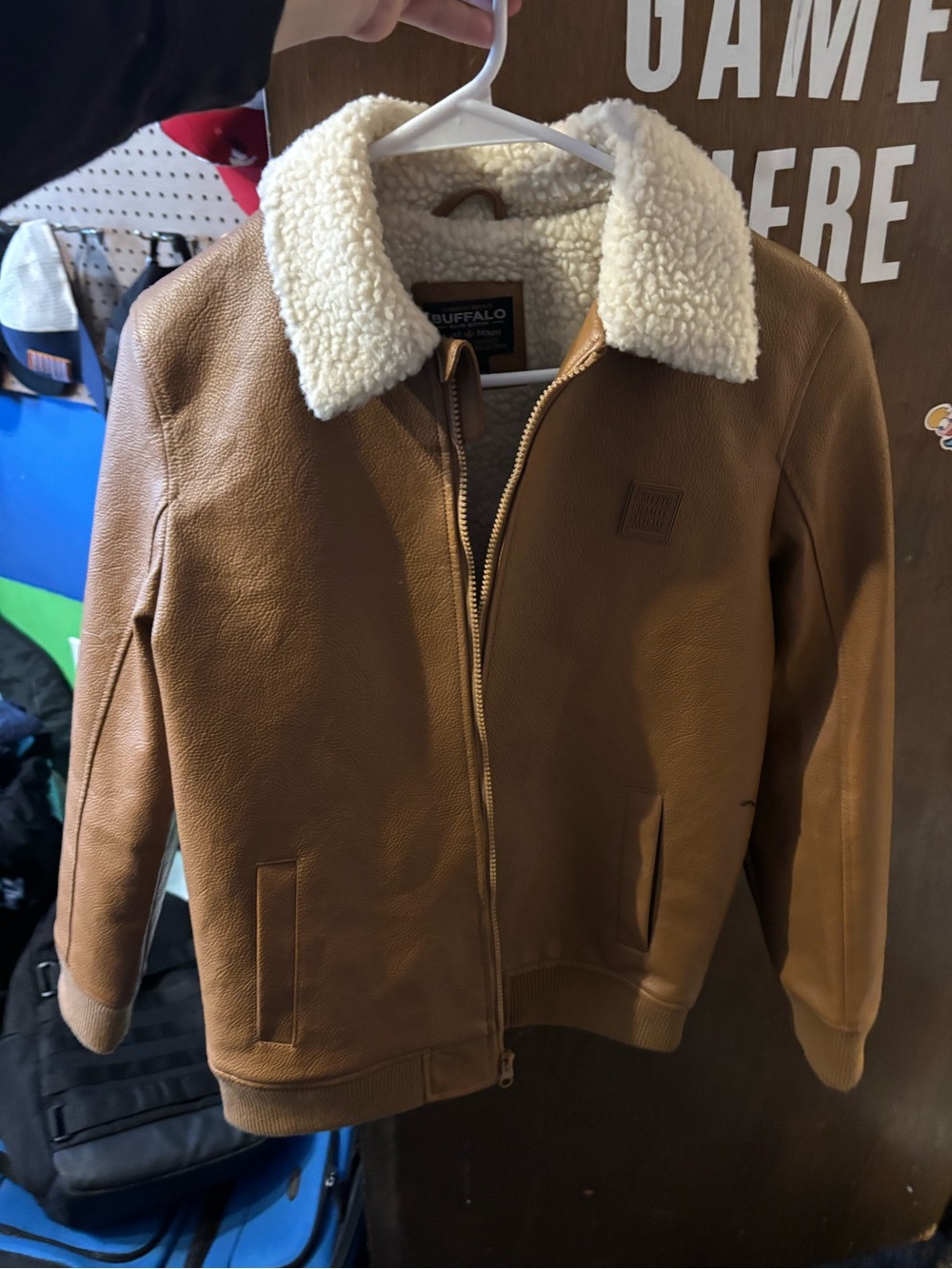 Buffalo David Bitton Tan Bomber Jacket with White Sherpa Collar